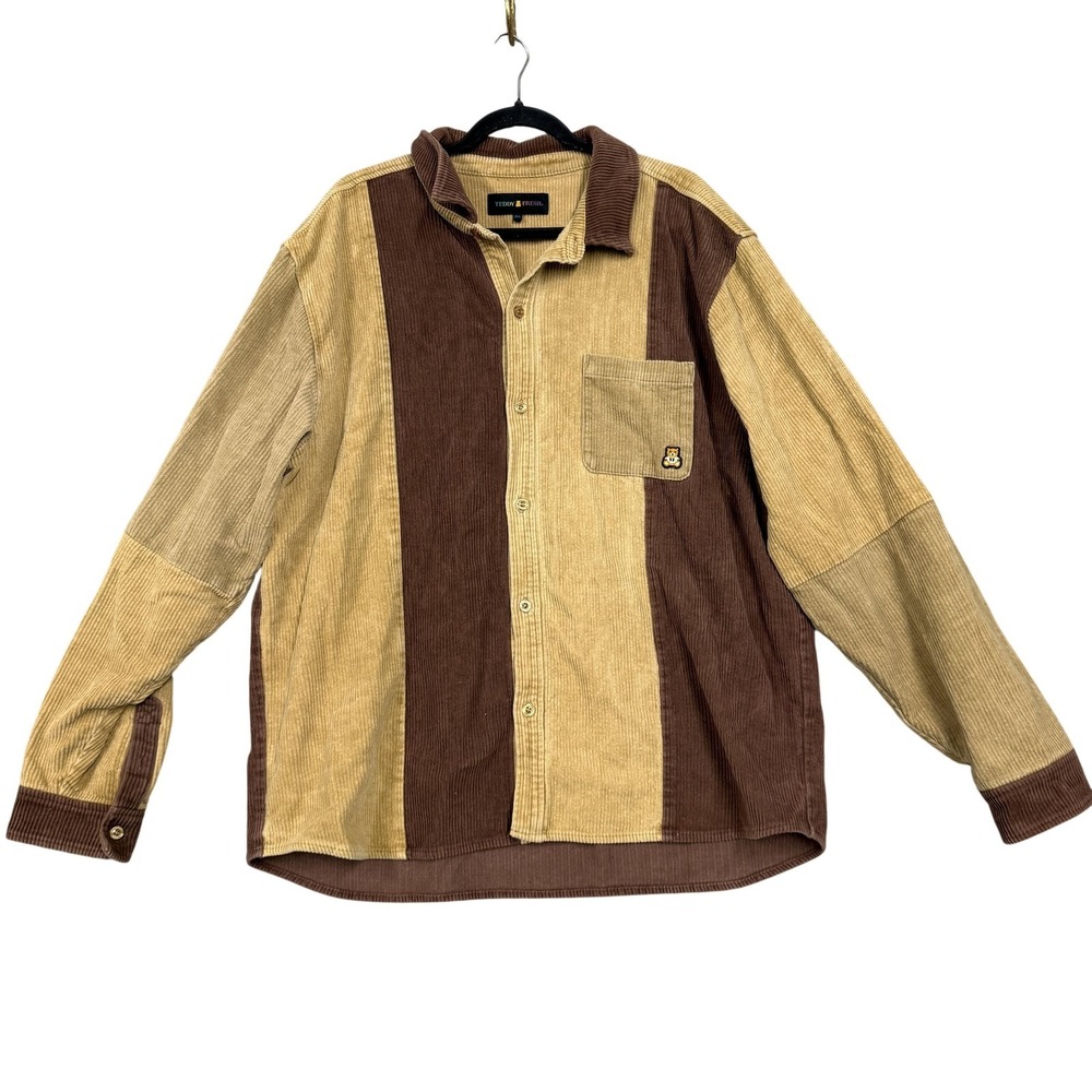 Teddy Fresh Shirt Mens 2XL Brown Tan Corduroy Colorblock Button‎ Up Teddy Bear